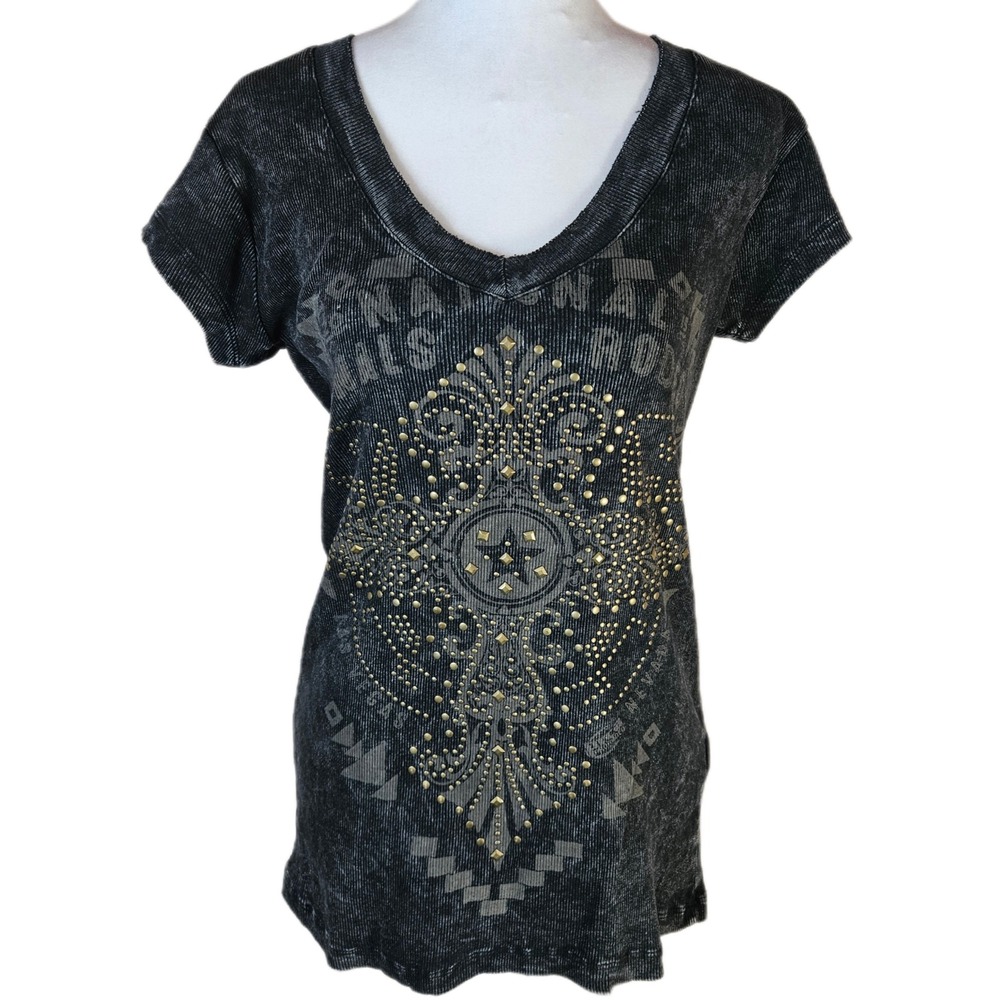 PRCA ProRodeo Top Womens XL Studded Rhinestone Cross Western Biker Goth Grunge